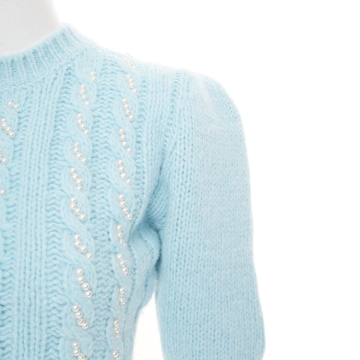 ALESSANDRA RICH pastel blue alpaca pearl embellished cable sweater IT36 XXS