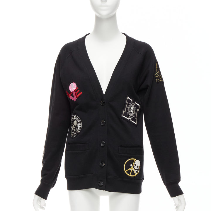 MASTERMIND JAPAN black cotton varsity skull logo patch cardigan sweater JP1 S