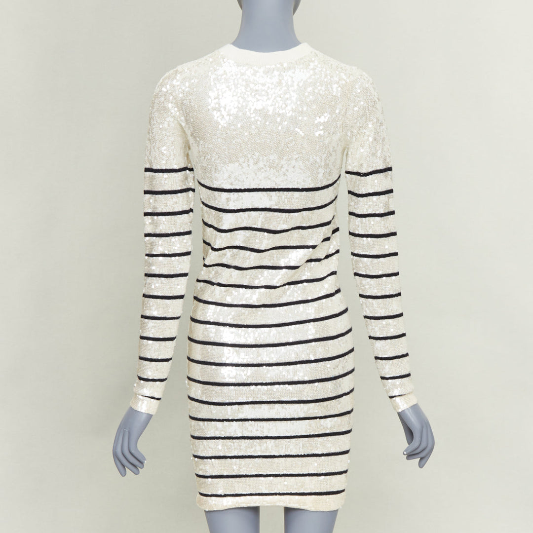 MARKUS LUPFER 100% merino wool cream black striped sequinned knit dress S