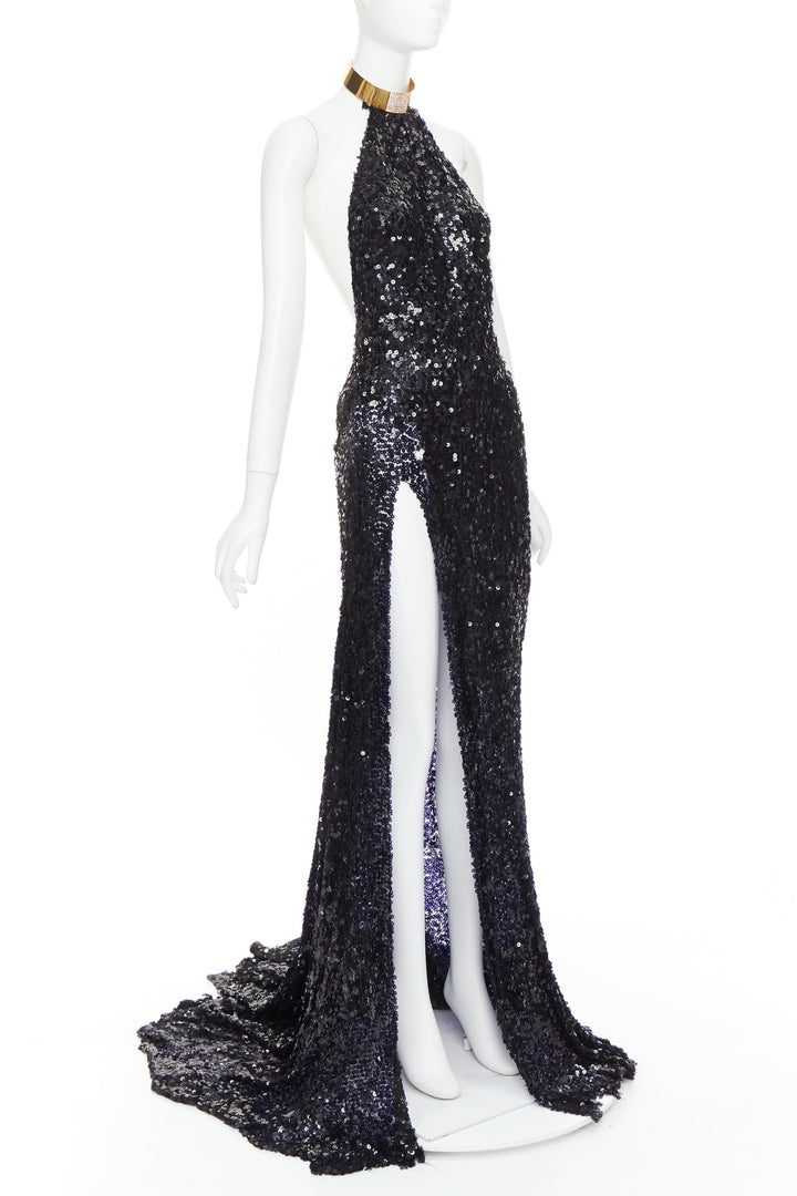 rare ALEXANDRE VAUTHIER navy sequinned gold crystal pave collar high slit gown
