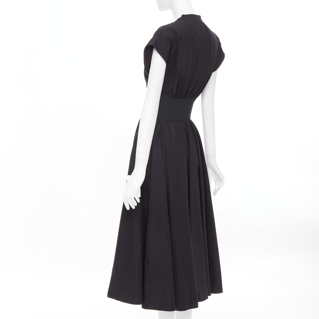 ALAIA 2023 belted leather trimmed black corset poplin casual A-line dress FR36 S