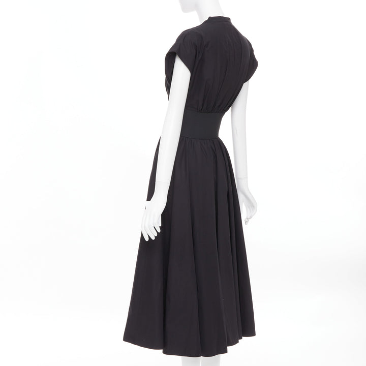 ALAIA 2023 belted leather trimmed black corset poplin casual A-line dress FR36 S