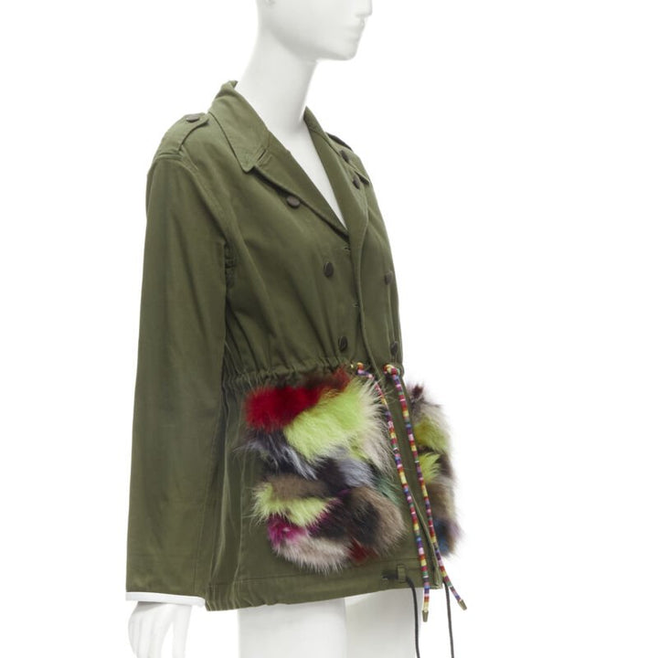 HARVEY FAIRCLOTH green cotton multi print fox fur pocket drawstring jacket S