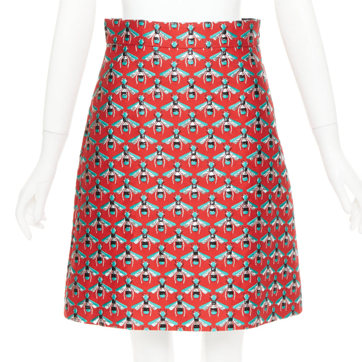 GUCCi 2015 Hibiscus Red Bee jacquard high waist A-line skirt IT40 S
