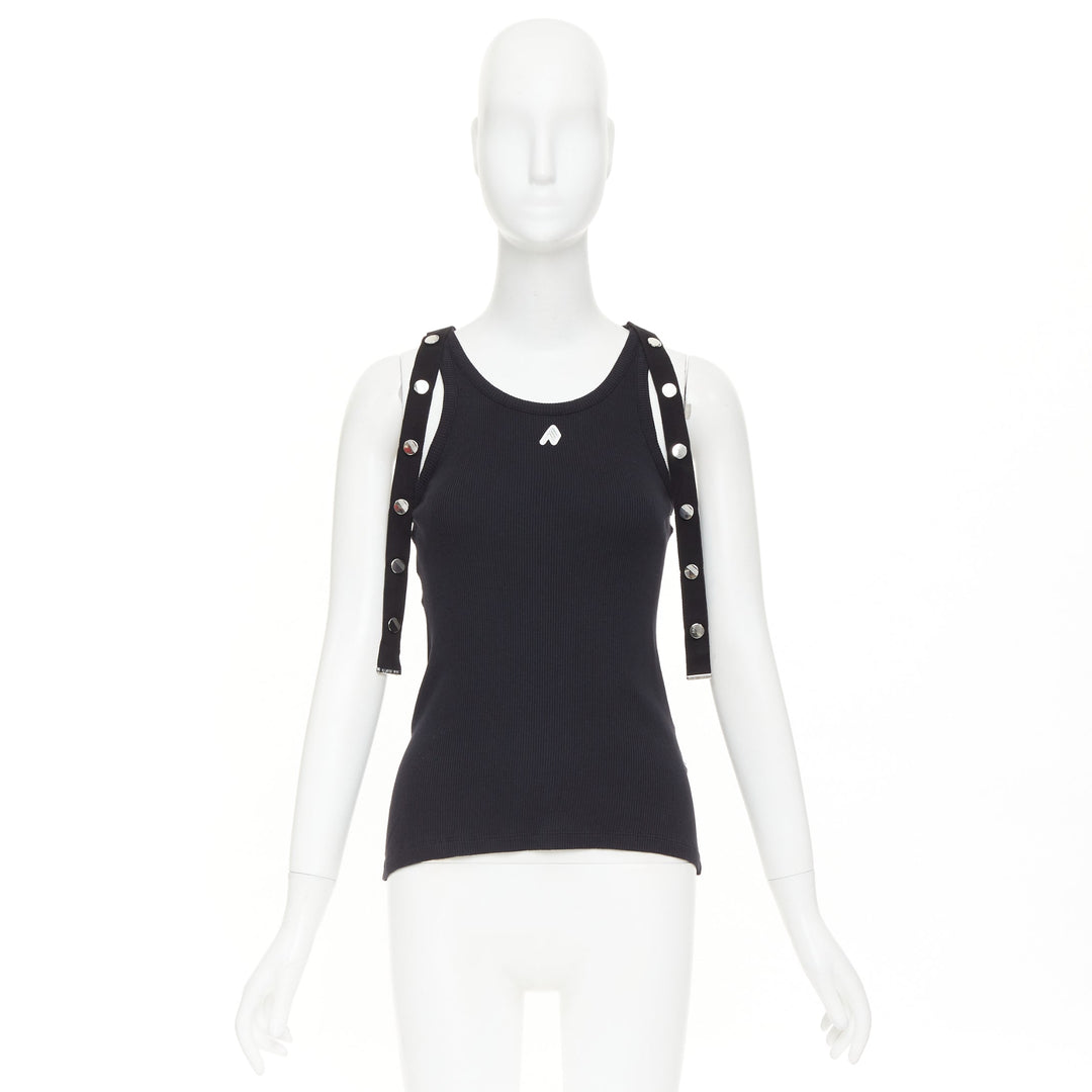 THE ATTICO 2024 black silver metal snap button logo ribbed tank top IT40 S