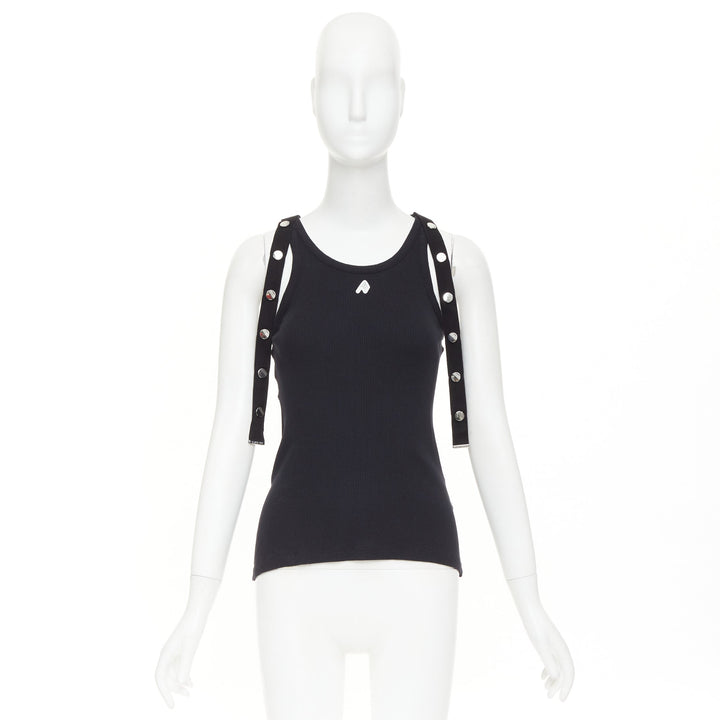 THE ATTICO 2024 black silver metal snap button logo ribbed tank top IT40 S
