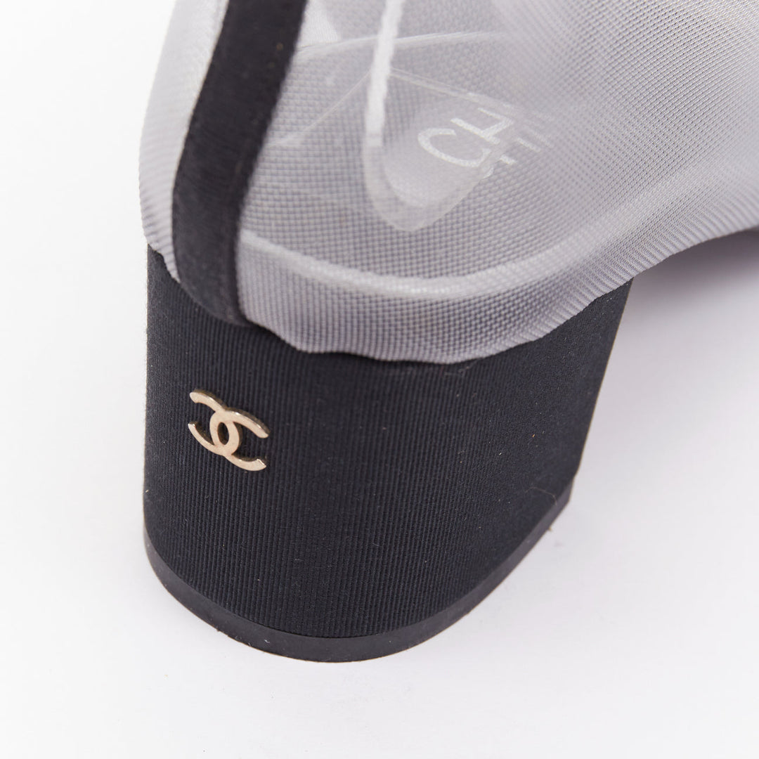 CHANEL 2019 sheer mesh black grosgrain Camelia embellished ankle boots EU38