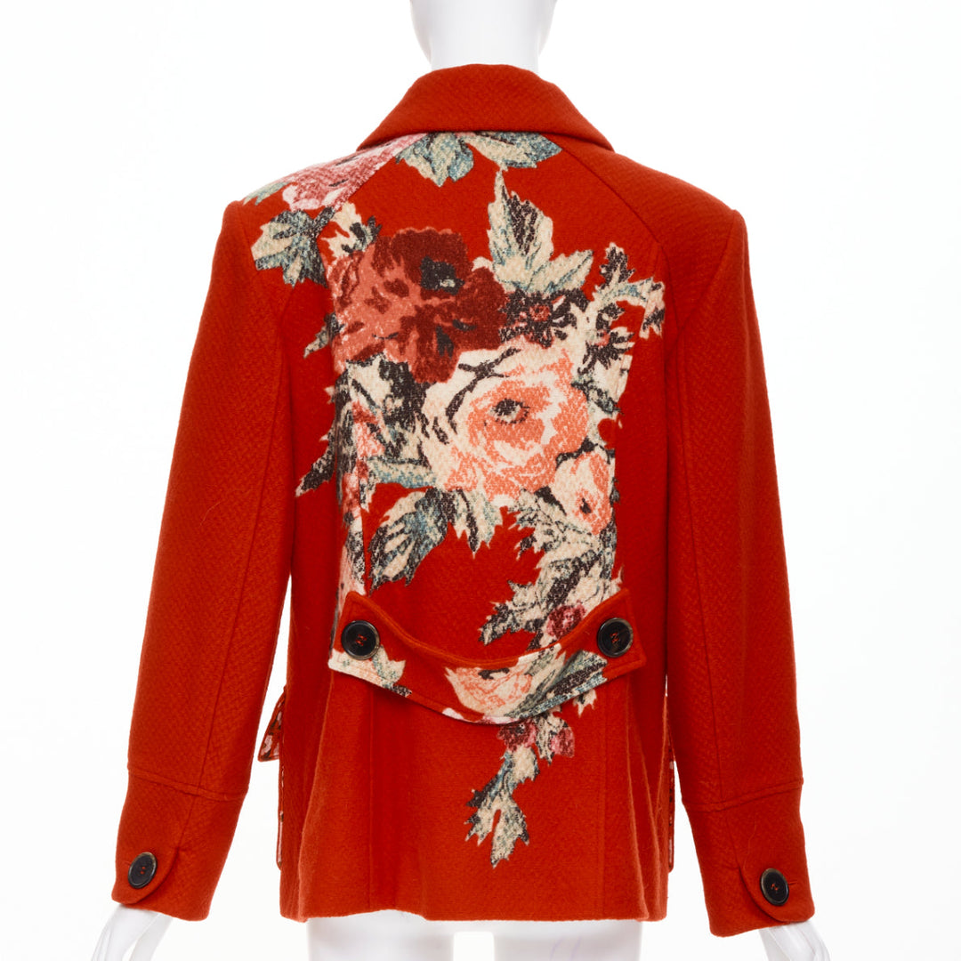 KENZO Vintage red wool floral intarsia back double breasted coat FR46 3XL
