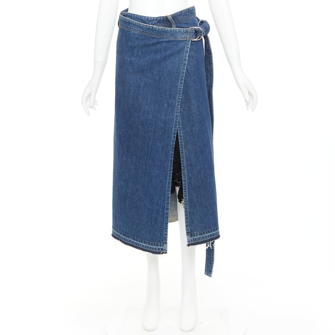 SACAI 2017 blue washed cotton belted wrap black lace lined hem skirt JP1 S