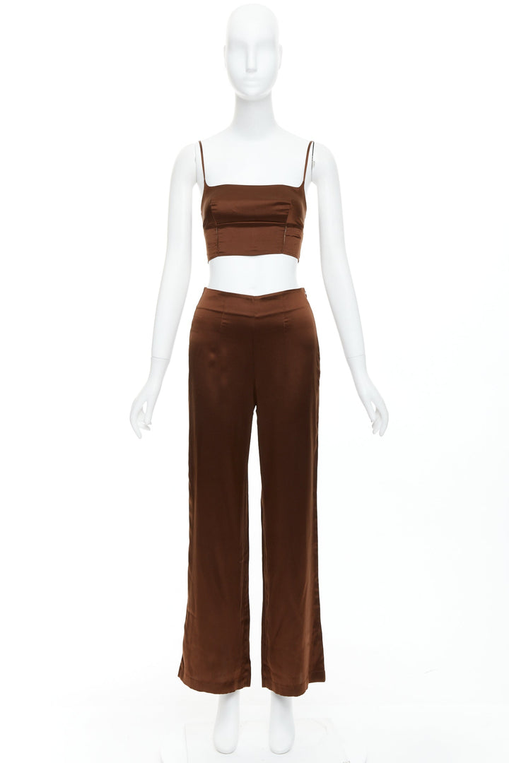 REFORMATION 100% silk brown elastic cropped top wide leg pants US0 XS