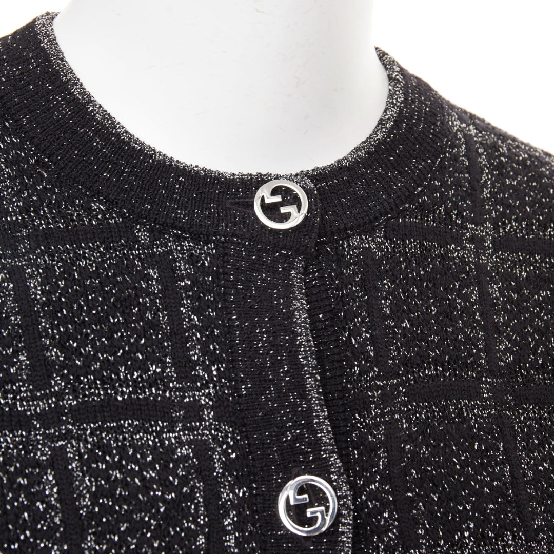 GUCCI 2025 black silver metallic checked Vintage GG buttons cardigan sweater XS