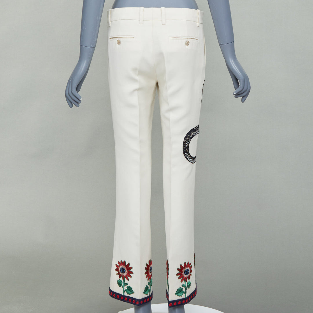 GUCCI 2015 Runway beige snake floral embroidered silk cotton trousers IT40 S