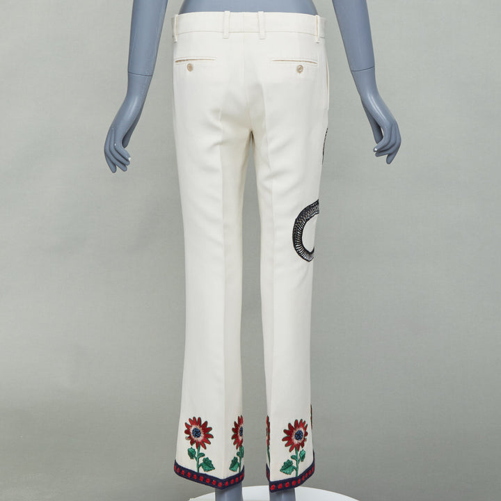 GUCCI 2015 Runway beige snake floral embroidered silk cotton trousers IT40 S