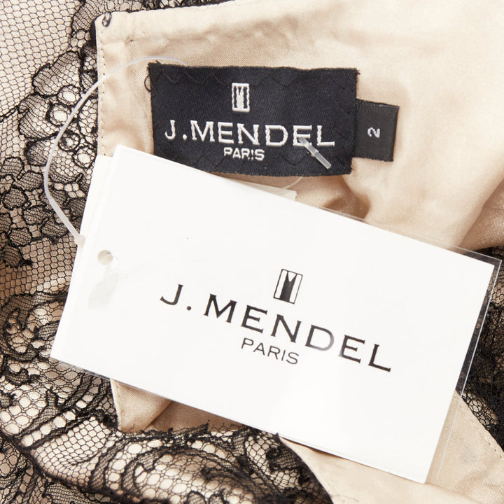 J MENDEL Chantilly Lace Blouse nude silk lined bow embellished top US2 S