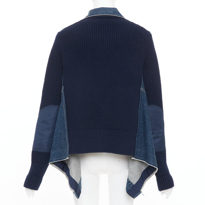 SACAI 2020 Denim Knit Hybrid asymmetric raw hem blue cotton jacket JP2 M