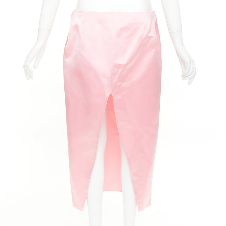 PRADA 2022 Raf Simons Runway pink double satin high rear split midi skirt IT42 M