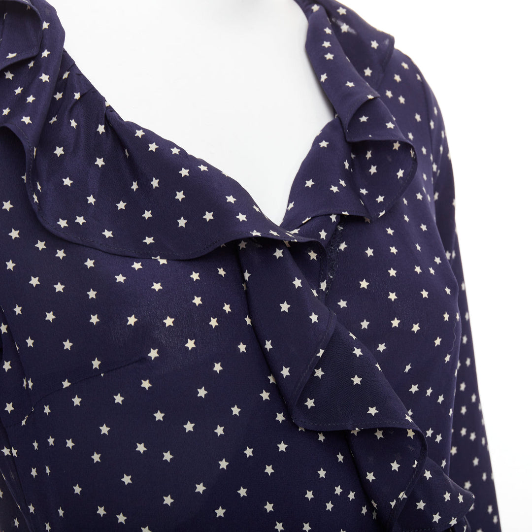REALISATION Alexandra 100% silk navy white star print wrap tie mini dress S