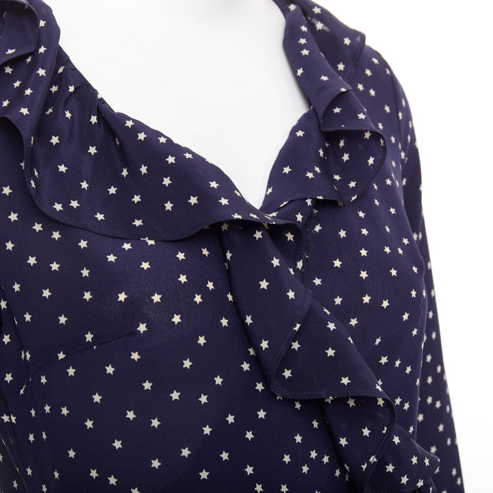 REALISATION Alexandra 100% silk navy white star print wrap tie mini dress S