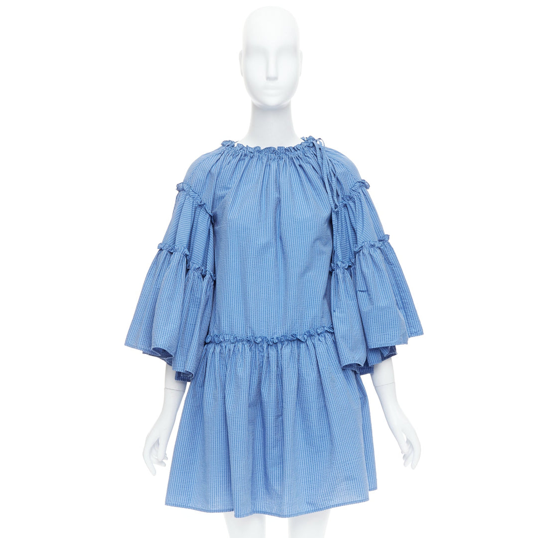 MSGM blue striped cotton blend flared sleeves drawstring dress IT38 XS