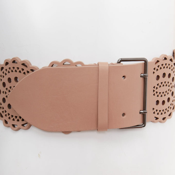ALAIA nude leather  laser cut out scallop edge wide belt 65cm