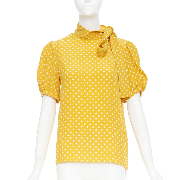 CELINE  100% silk yellow polka dot side pussybow puff sleeves blouse top FR36 S