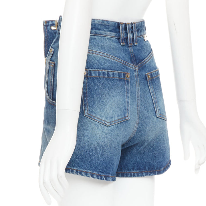 BALMAIN blue washed bronze logo buttons high waisted denim shorts FR34 XS