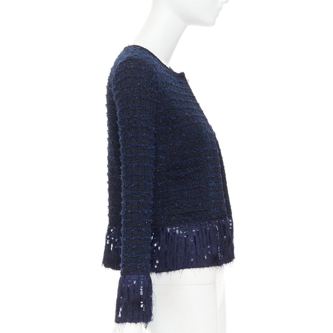 OSCAR DE LA RENTA 2023 navy blue wool tweed sequin fringe hem jacket XS