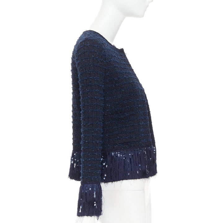 OSCAR DE LA RENTA 2023 navy blue wool tweed sequin fringe hem jacket XS