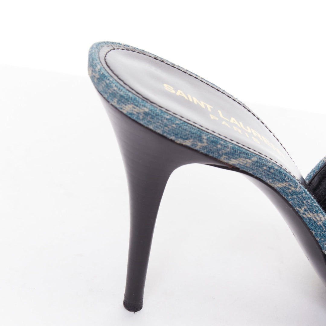 SAINT LAURENT La 16 Mules Cassandre Denim blue YSL monogram sandal heels EU37.5