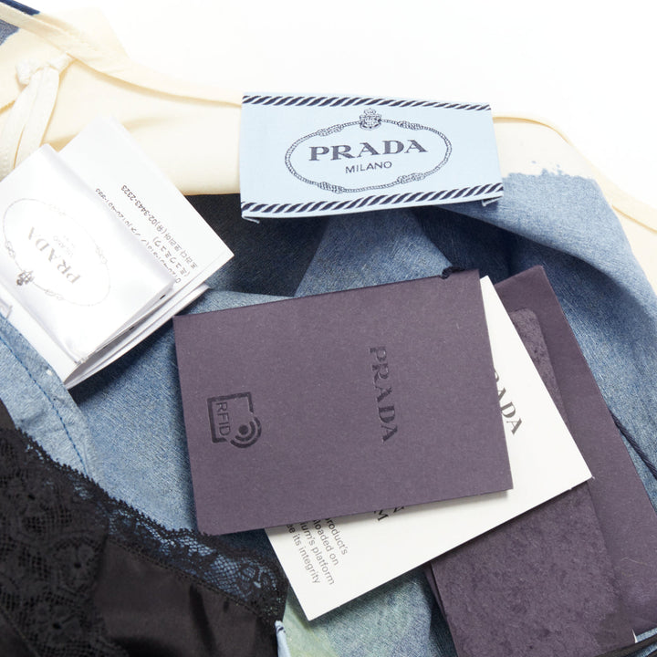 PRADA 202 Runway navy blue yellow paper viscose crinkled floral dress IT38 XS