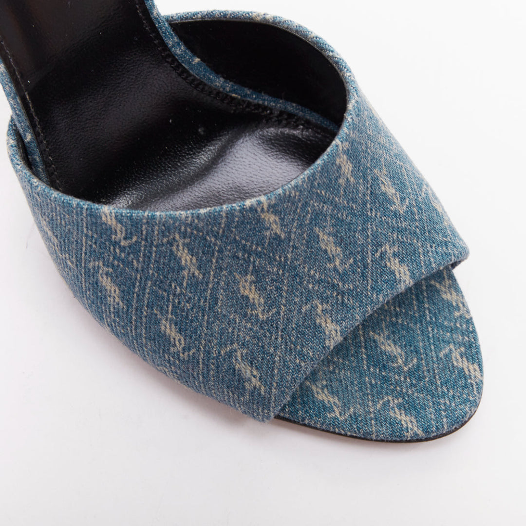 SAINT LAURENT La 16 Mules Cassandre Denim blue YSL monogram sandal heels EU37.5