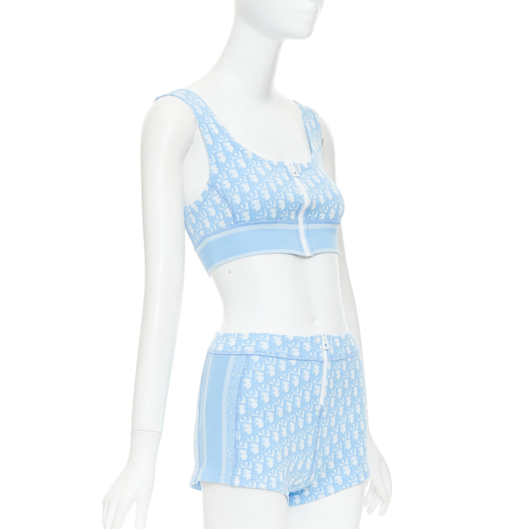 CHRISTIAN DIOR 2021 blue white Oblique monogram zip crop top shorts set FR34 XS
