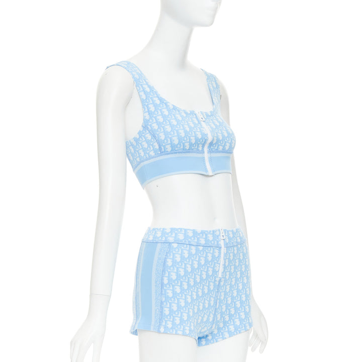 CHRISTIAN DIOR 2021 blue white Oblique monogram zip crop top shorts set FR34 XS