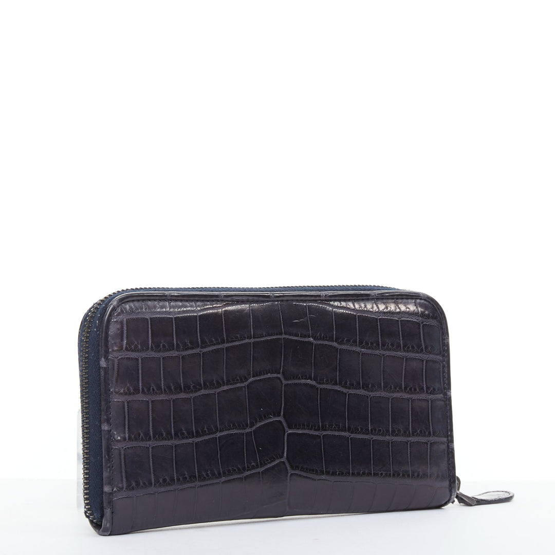 BOTTEGA VENETA midnight blue scaled leather zip around long wallet