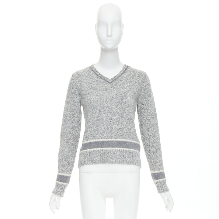CHRISTIAN DIOR 100% cashmere light grey wool striped logo sweater FR34 XS