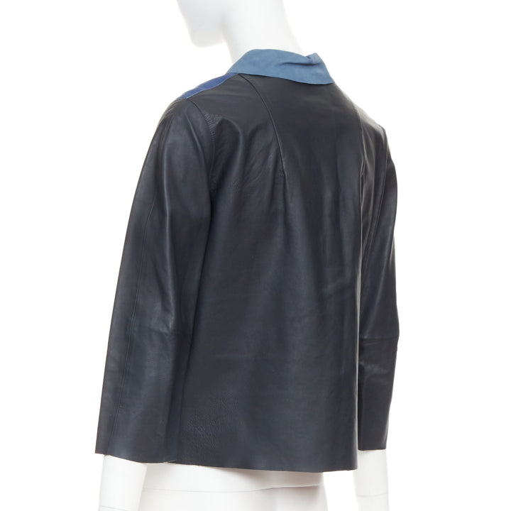 MARNI blue black colorblocked calf leather geometric buttons crop jacket IT40 S