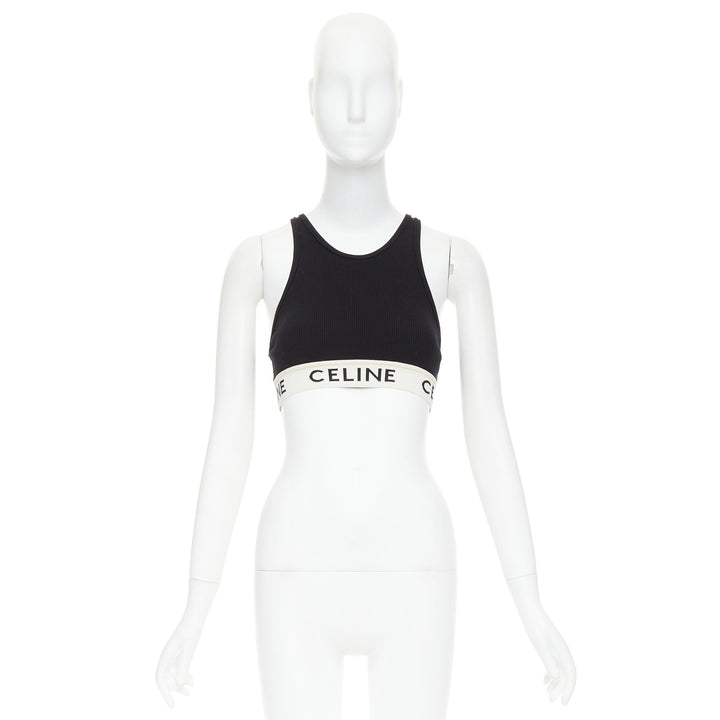 CELINE black cotton blend cream ribbed logo round neck bra top  Lisa Blackpink