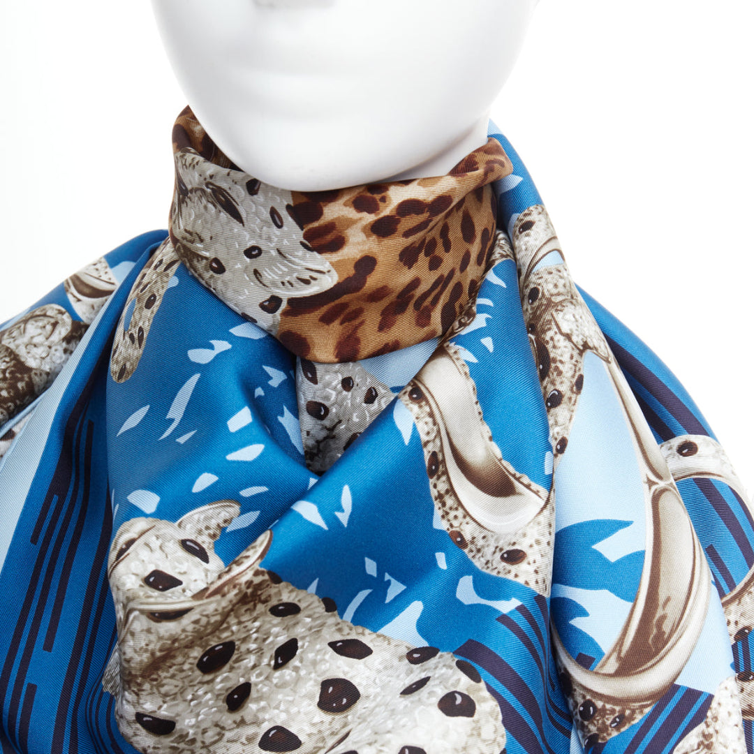 CARTIER 100% silk blue grey panther leopard ring print square scarf