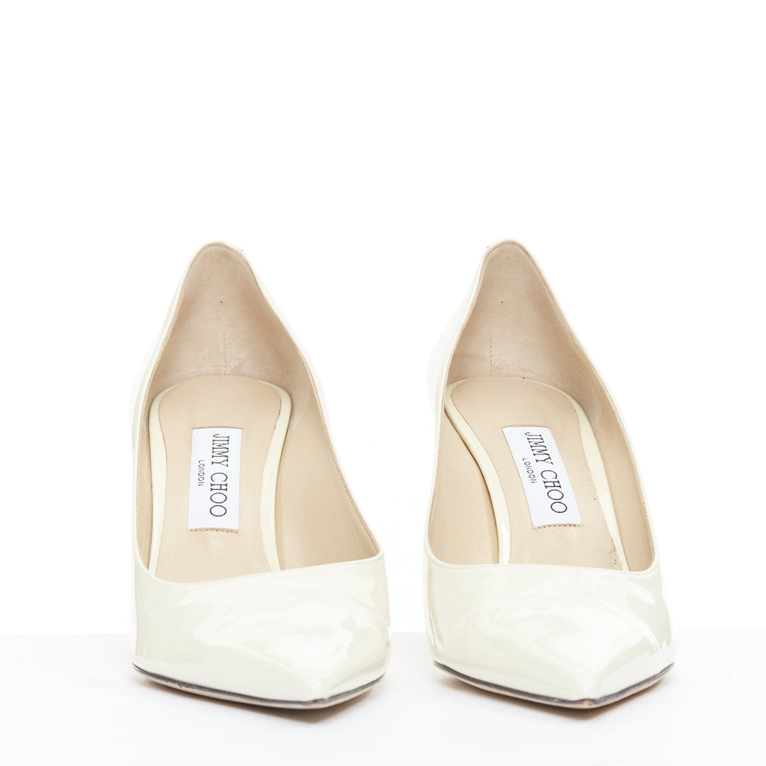 JIMMY CHOO Love 85 Latte cream patent JC emblem pumps EU39.5