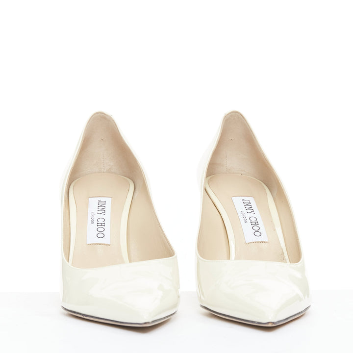 JIMMY CHOO Love 85 Latte cream patent JC emblem pumps EU39.5