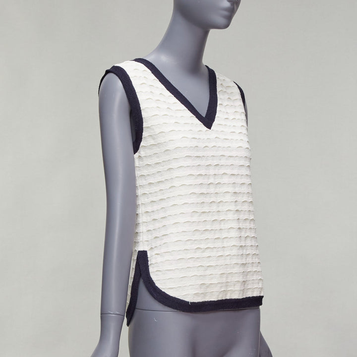 CHANEL cream cotton blend navy towelling trim CC logo knitted vest FR38 M