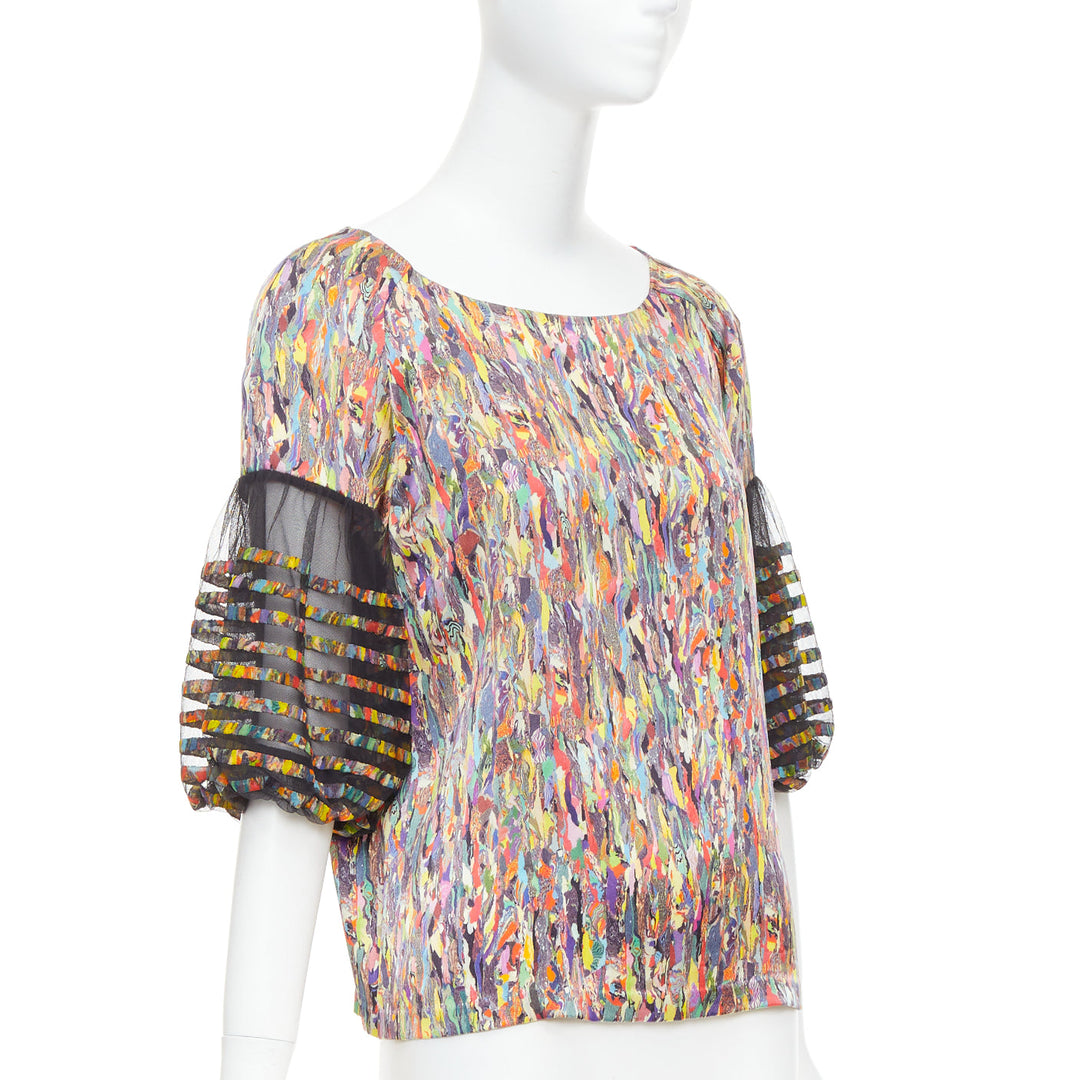 DRIES VAN NOTEN multicolor watercolor print sheer flared sleeve top FR40 L