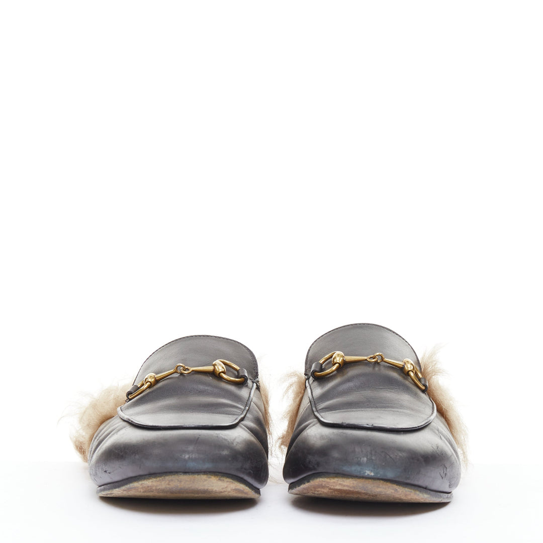 GUCCI Princetown brown fur lined black leather mule loafer EU38