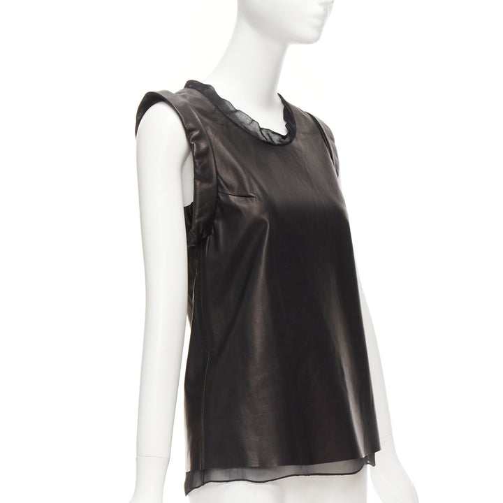 3.1 PHILLIP LIM black leather sheer silk trim folded sleeves tunic top US2 S