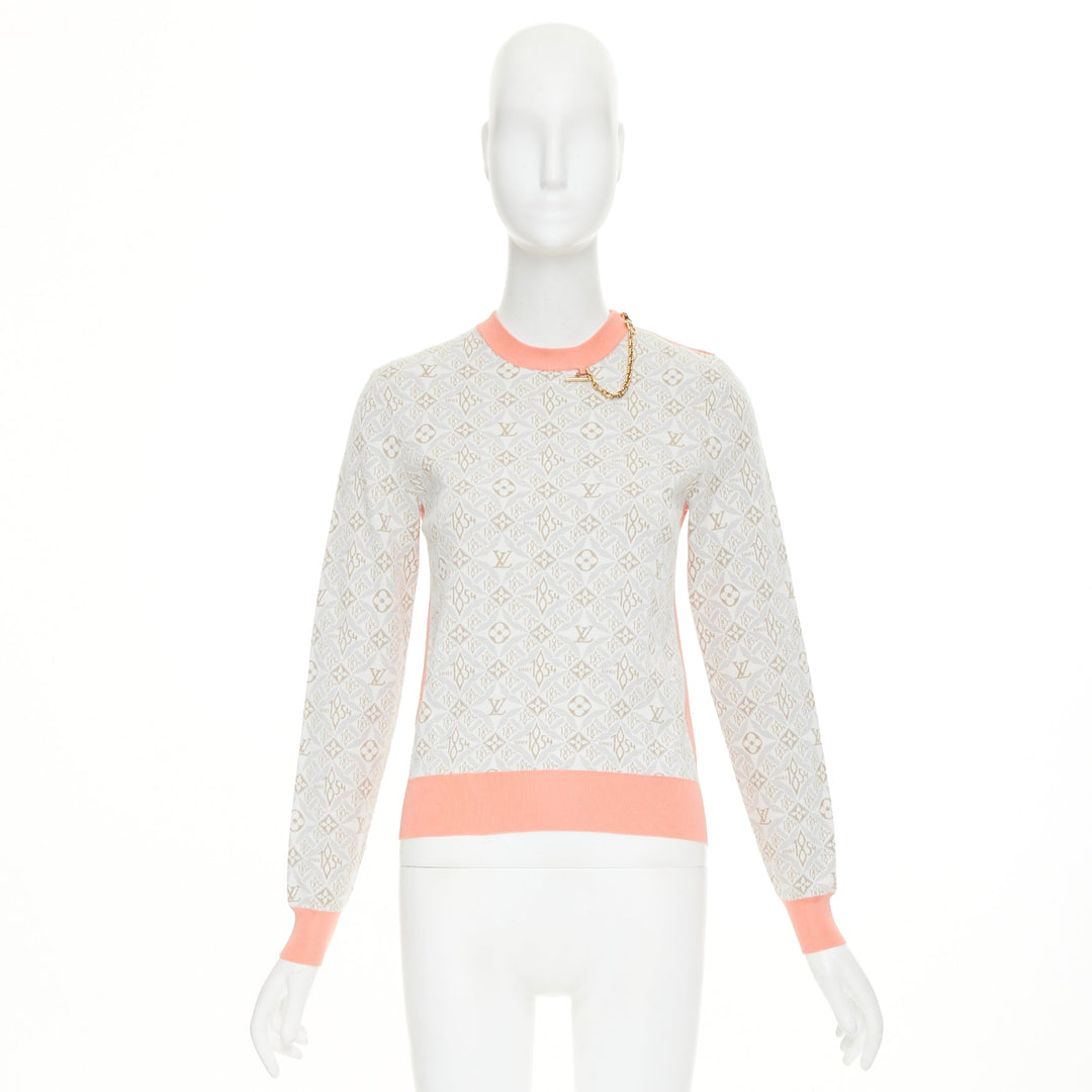 LOUIS VUITTON 2022 Since 1964 Monogram pink grey jacquard gold chain sweater XS