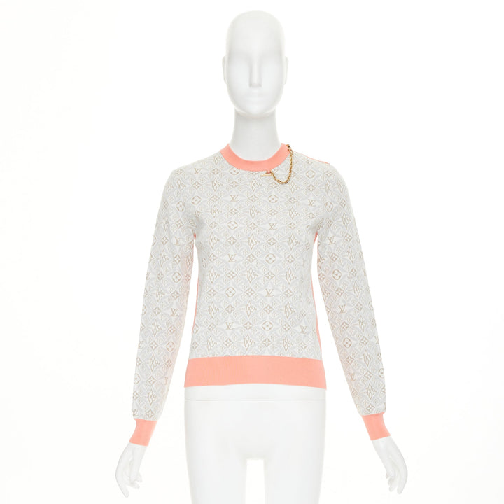 LOUIS VUITTON 2022 Since 1964 Monogram pink grey jacquard gold chain sweater XS