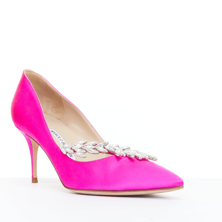 MANOLO BLAHNIK Nadira 75 hot pink satin silver crystal mid pumps EU39