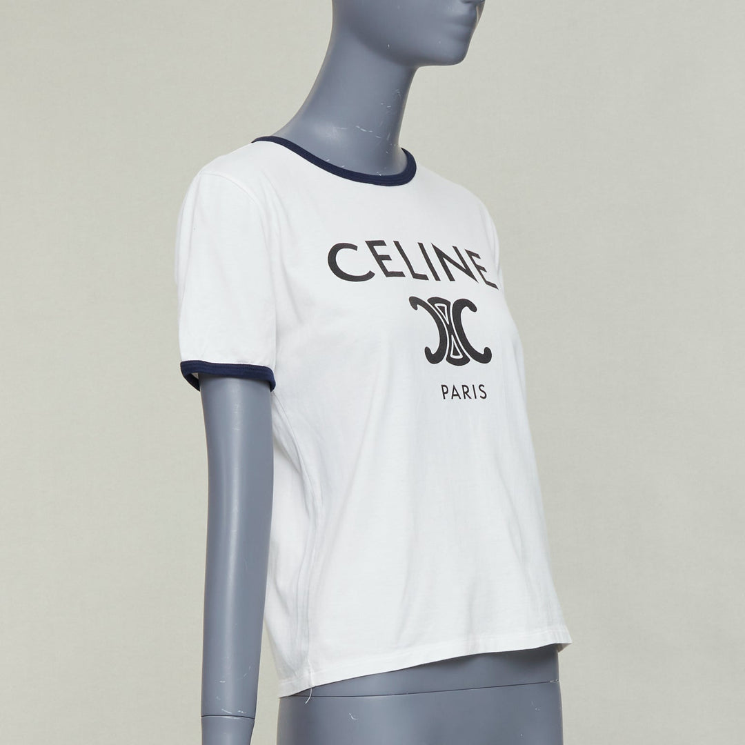CELINE Triomphe cream navy cotton logo print crew neck ringer tshirt M
