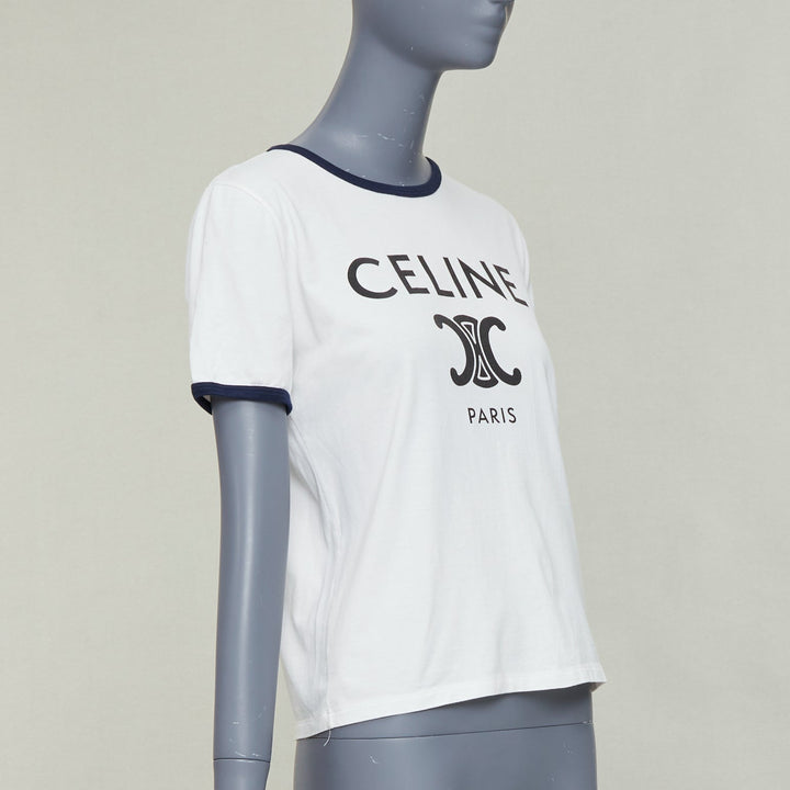 CELINE Triomphe cream navy cotton logo print crew neck ringer tshirt M