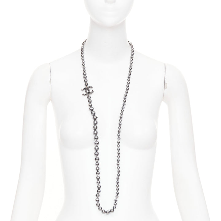 CHANEL B15P CC grey ruthenium metallic glass pearl long strand sautoir necklace